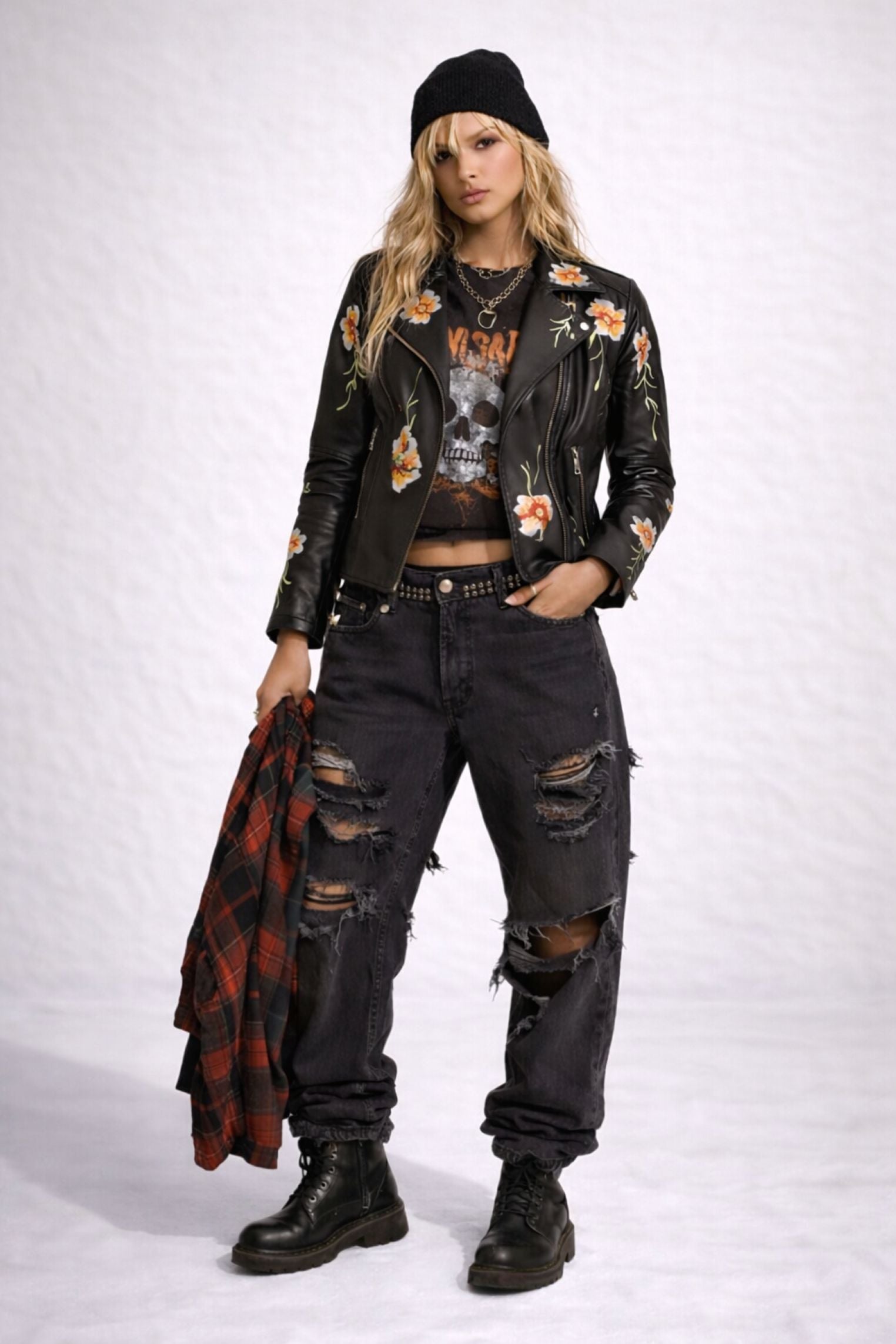FLOWER WINE BLACK EMBROIDERED LEATHER JACKET - MINDFUL, STYLISH