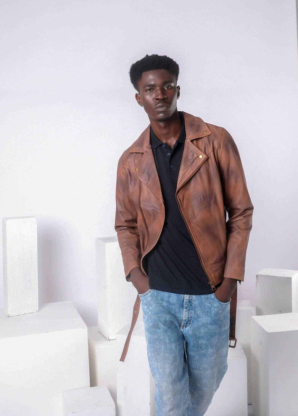 BLENDED MALT BROWN BIKER LEATHER JACKET