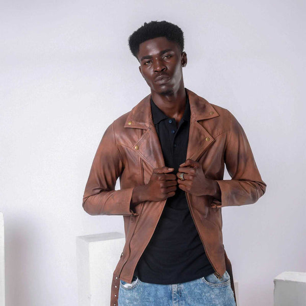 BLENDED MALT BROWN BIKER LEATHER JACKET