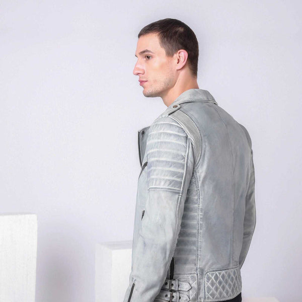 BLUE MOTORCYCLE SMOKE GREY BIKER LEATHER JACKET
