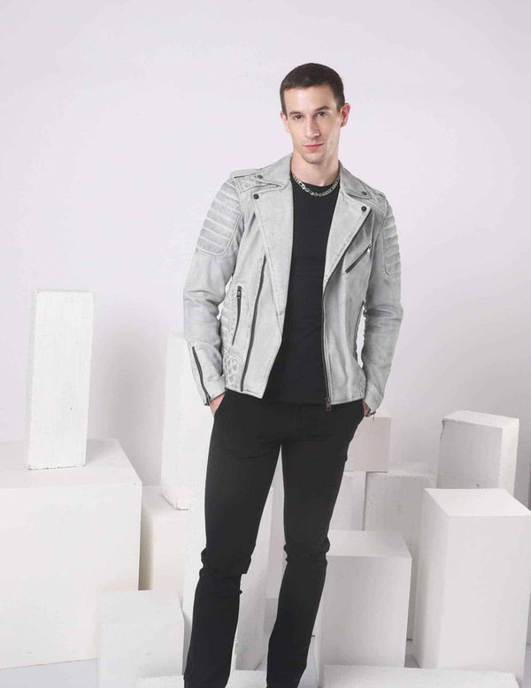 BLUE MOTORCYCLE SMOKE GREY BIKER LEATHER JACKET
