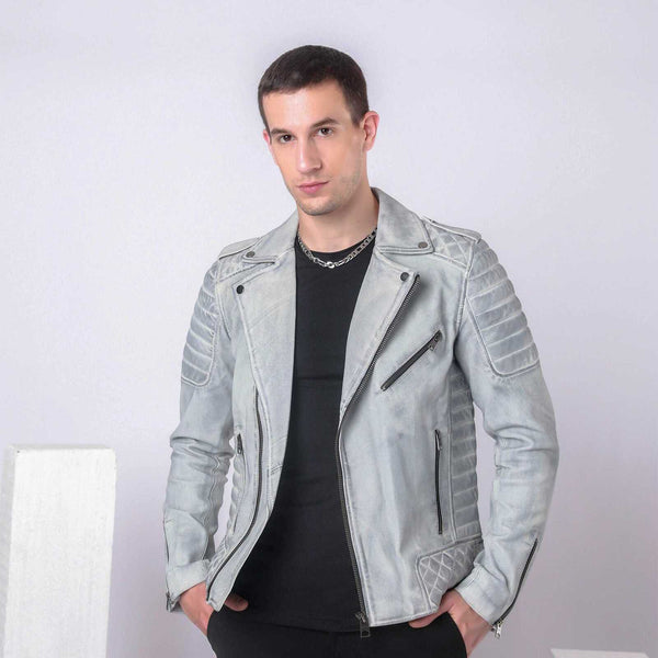 BLUE MOTORCYCLE SMOKE GREY BIKER LEATHER JACKET