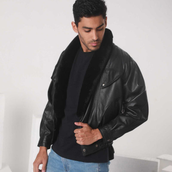 HIGHBALL BLACK LEATHER JACKET WITH FAUX FUR LINING