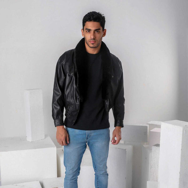 HIGHBALL BLACK LEATHER JACKET WITH FAUX FUR LINING