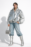 SILVER GALAXY BOMBER LEATHER JACKET