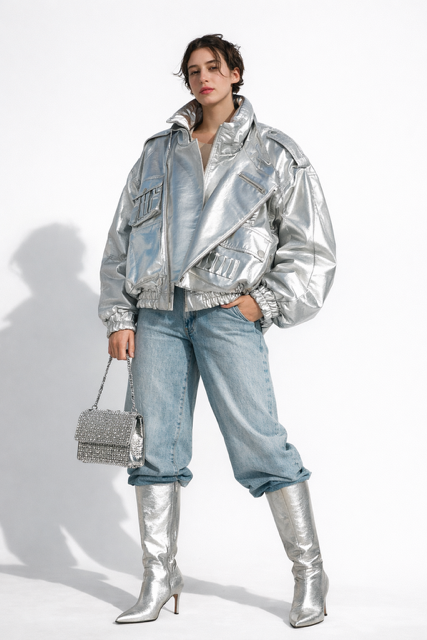 SILVER GALAXY BOMBER LEATHER JACKET