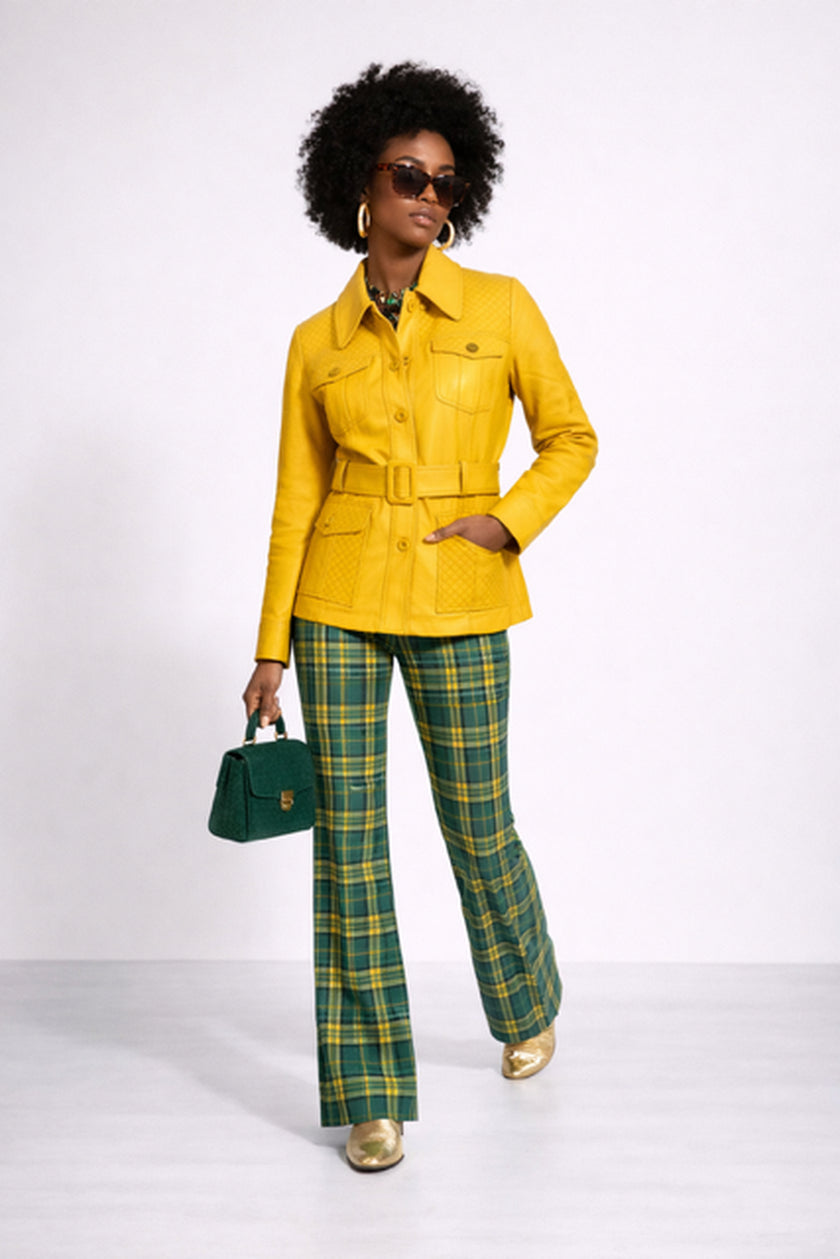 OLD FASHIONED YELLOW QUILTED MULTI POCKET LEATHER COAT