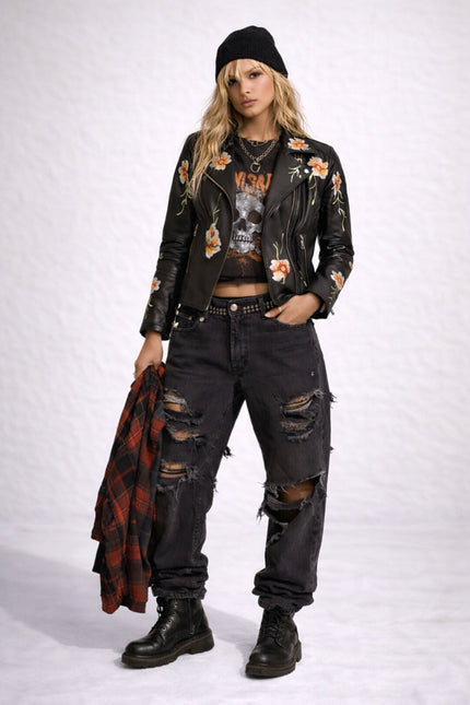 FLOWER WINE BLACK EMBROIDERED LEATHER JACKET