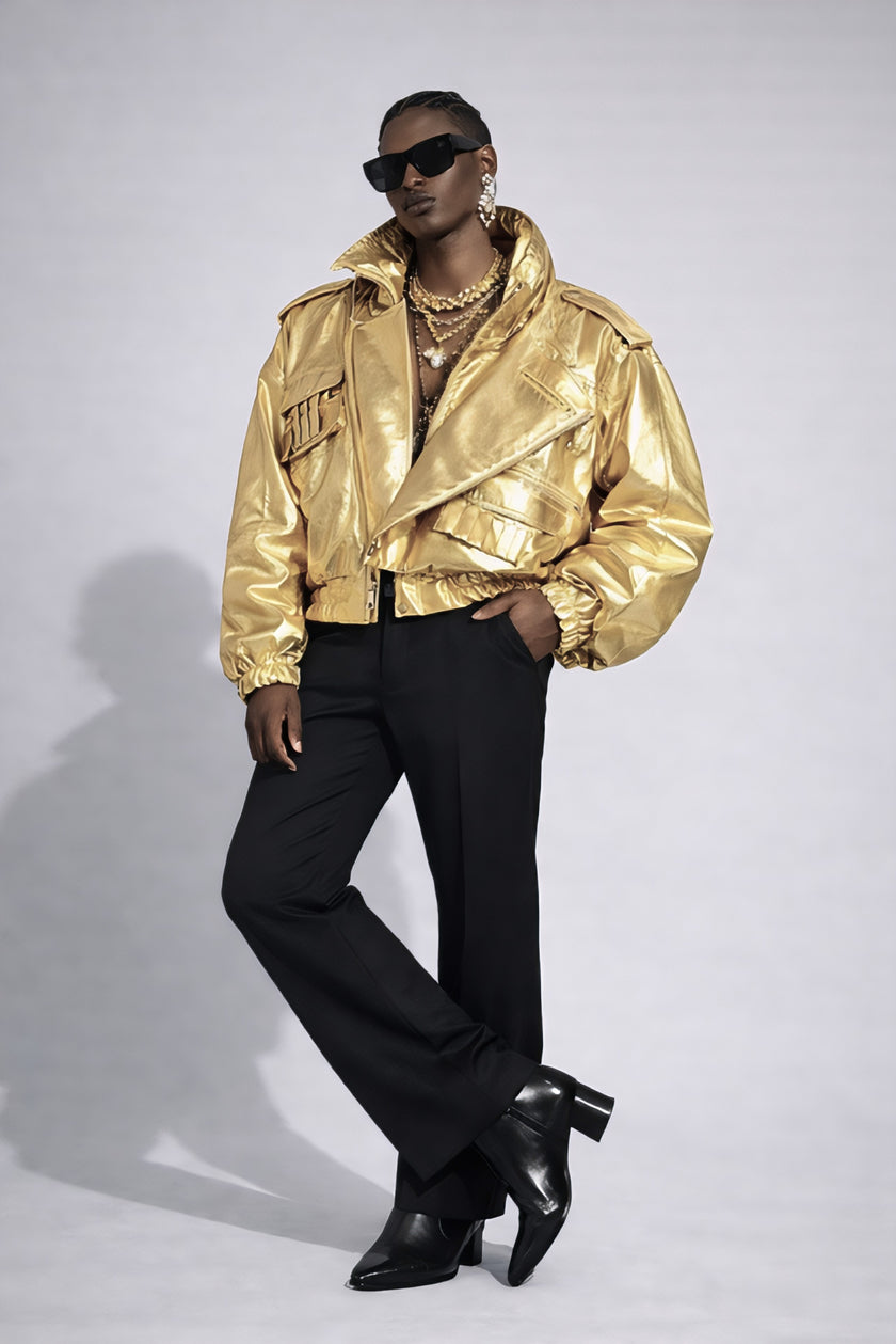 Golden Galaxy Men Leather Oversized Bomber Jacket