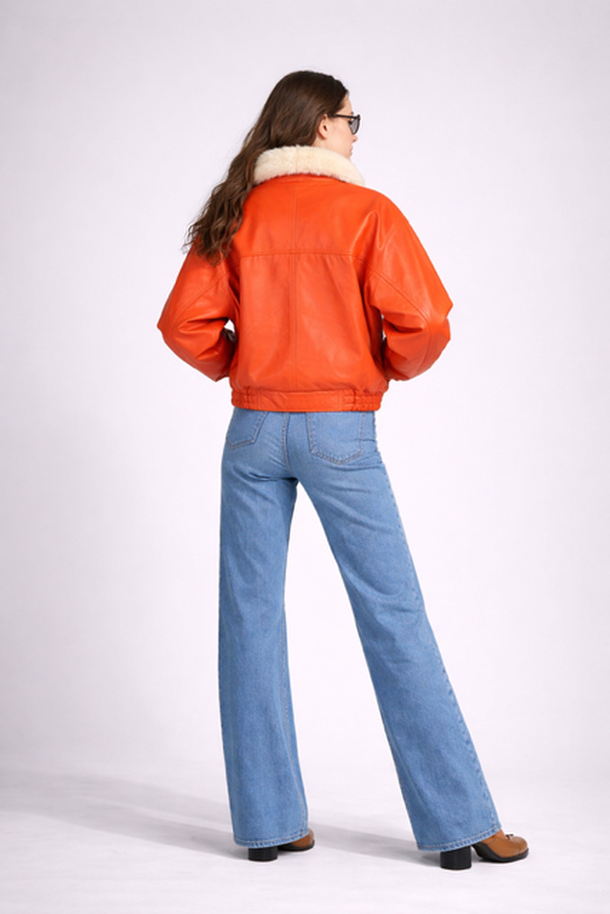 HIGHBALL ORANGE BOMBER LEATHER JACKET WITH FAUX FUR LINING