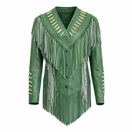 THE LEADER GREEN LEATHER JACKET WITH FRINGES AND BEATS