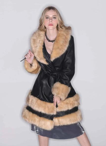 JARDESCA ROYALE BLACK LONG LEATHER COAT WITH FAUX FUR LINING