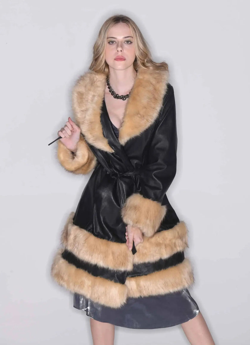 JARDESCA ROYALE BLACK LONG LEATHER COAT WITH FAUX FUR LINING