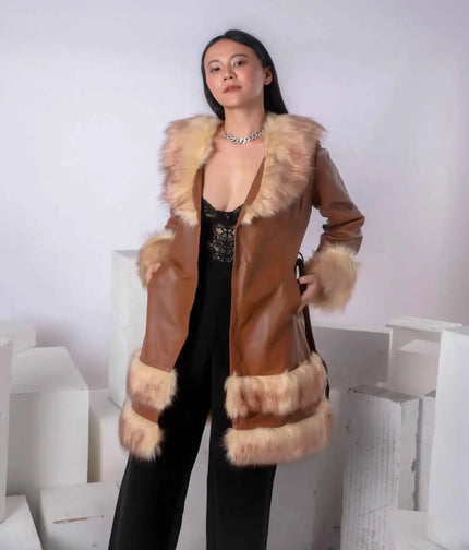 JARDESCA ROYALE BROWN LONG LEATHER COAT WITH FAUX FUR LINING