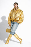 Golden Galaxy Leather Oversized Bomber Jacket