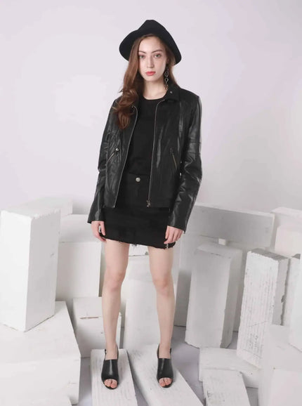 RHYTHMS BLACK LEATHER BIKER JACKET