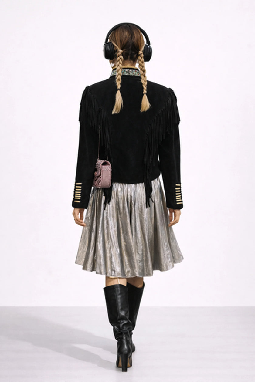 WARRIOR BLACK SUEDE JACKET WITH FRINGES AND BEATS