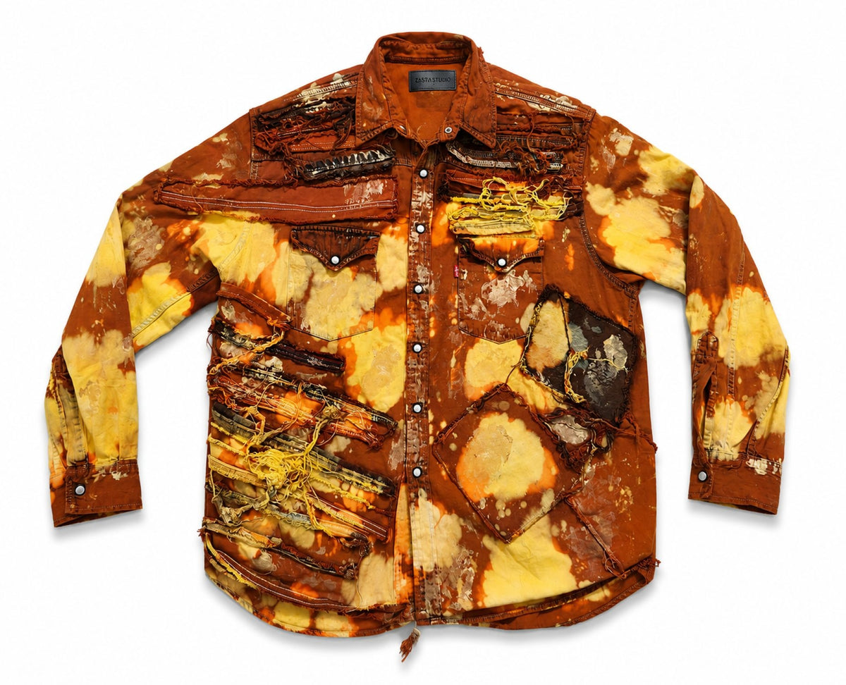 Wearable Ruins Red Gold Shredded Denim Colored Jacket D