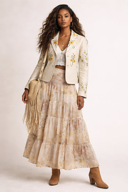 FLOWER WINE OFF WHITE EMBROIDERED LEATHER BLAZER