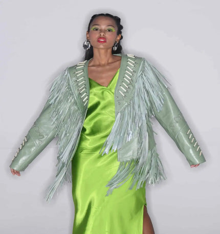 THE LEADER GREEN LEATHER JACKET WITH FRINGES AND BEATS