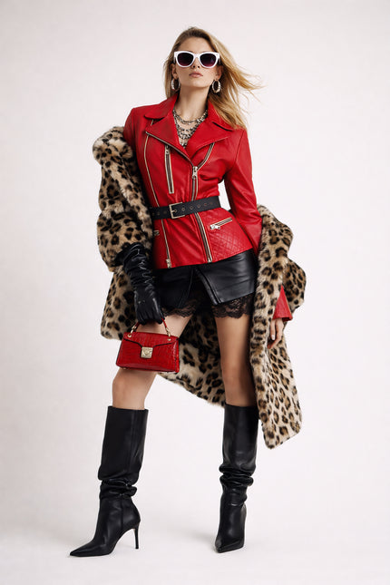 Outlaw Biker Moto Red Leather Jacket