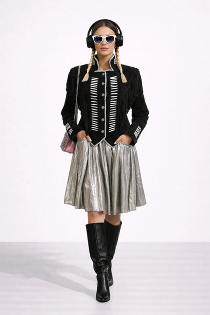 WARRIOR BLACK SUEDE JACKET WITH FRINGES AND BEATS