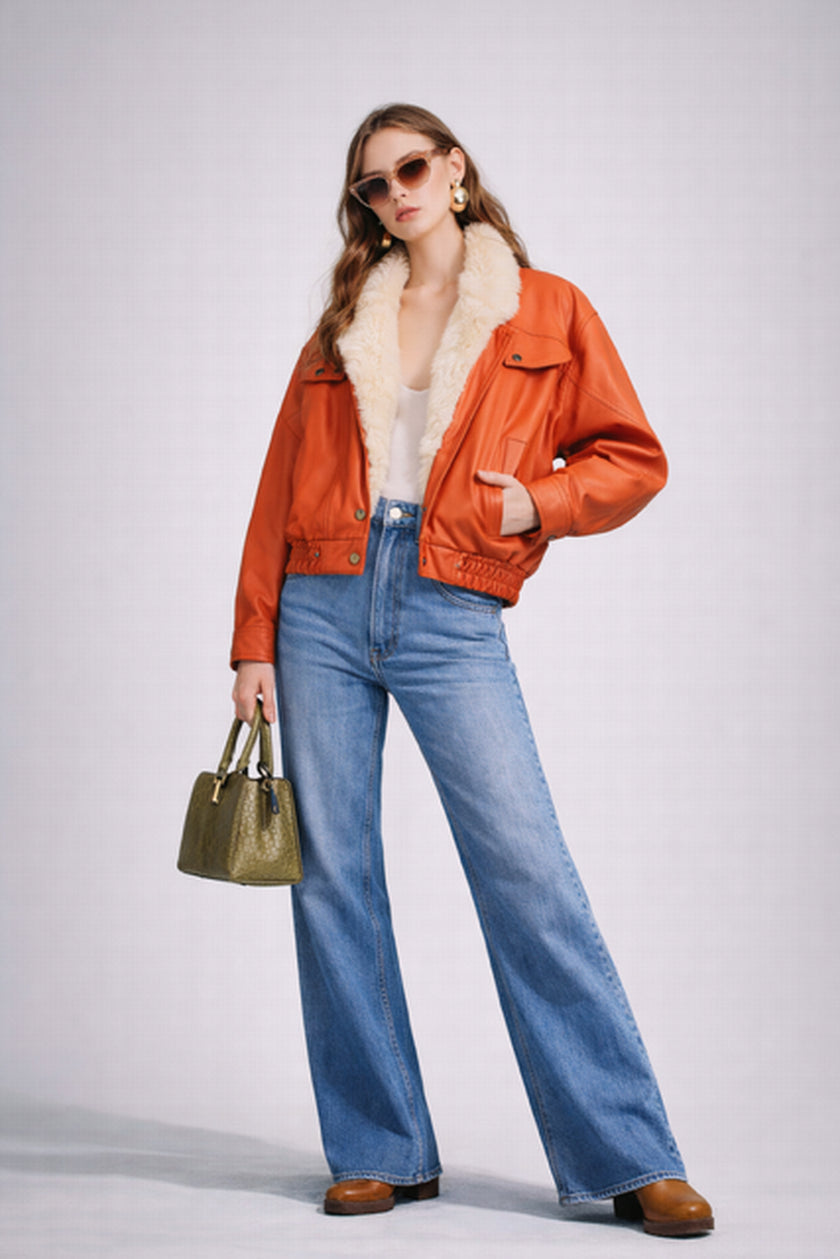 HIGHBALL ORANGE BOMBER LEATHER JACKET WITH FAUX FUR LINING