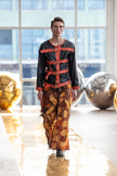 Wearable Ruins Red Gold Shredded Denim Wide Leg Pants A