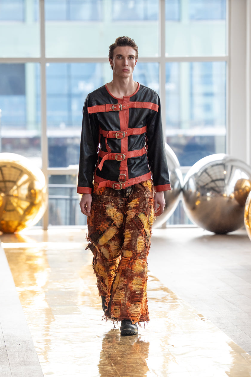 Wearable Ruins Red Gold Shredded Denim Wide Leg Pants A