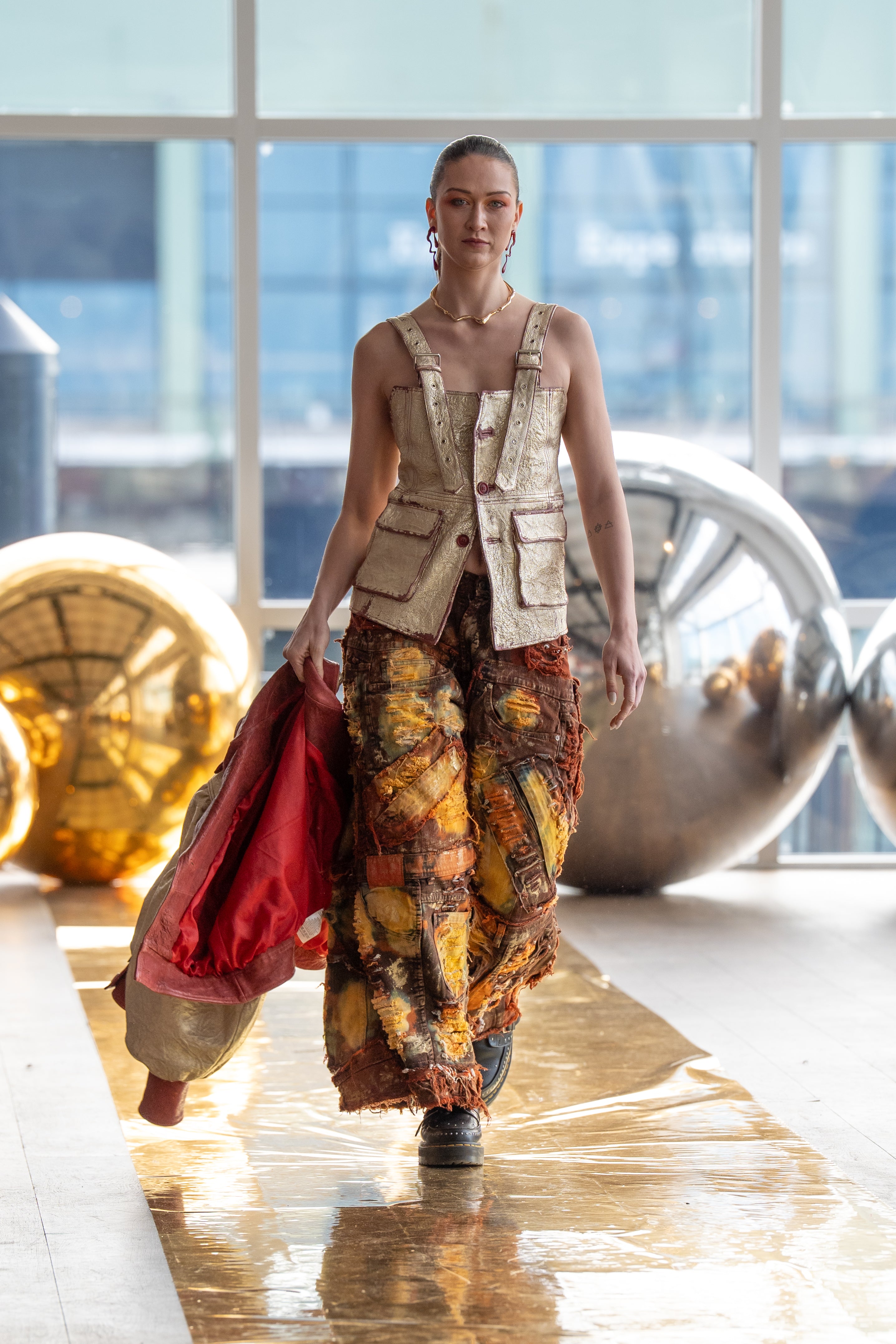 Wearable Ruins Red Gold Shredded Denim Wide Leg Pants