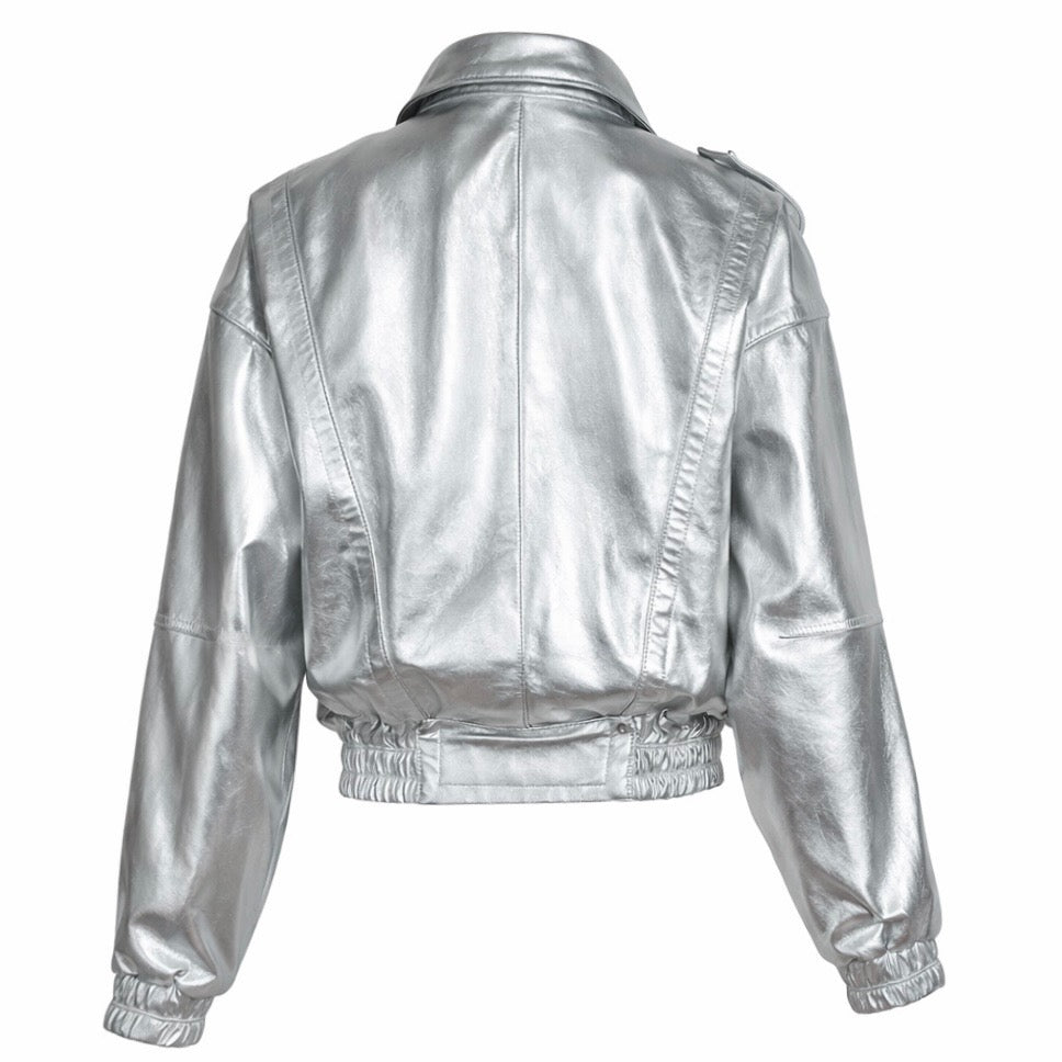 SILVER GALAXY BOMBER LEATHER JACKET