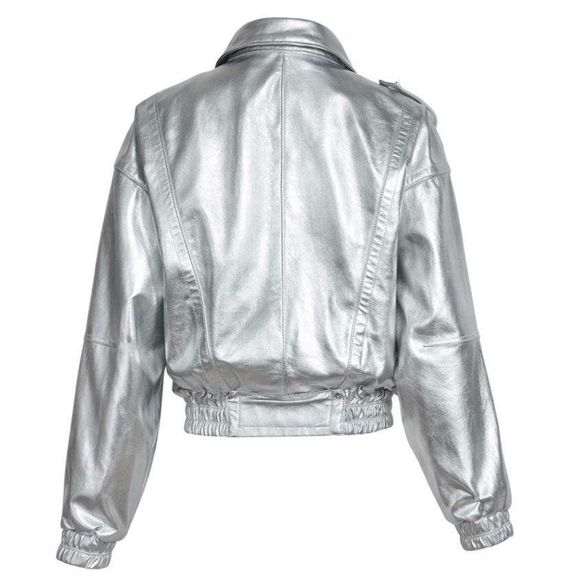 SILVER GALAXY BOMBER LEATHER JACKET