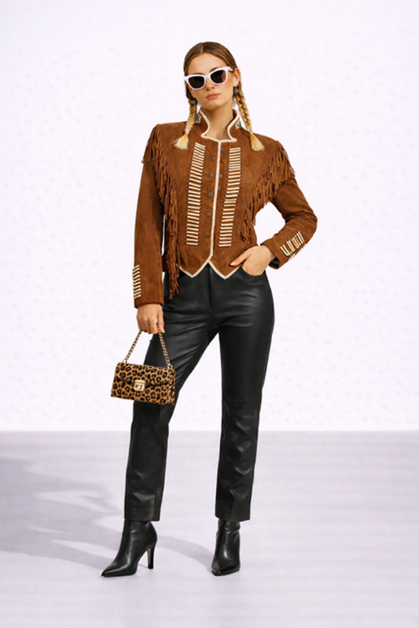 WARRIOR CAMEL SUEDE JACKET WITH FRINGES AND BEATS