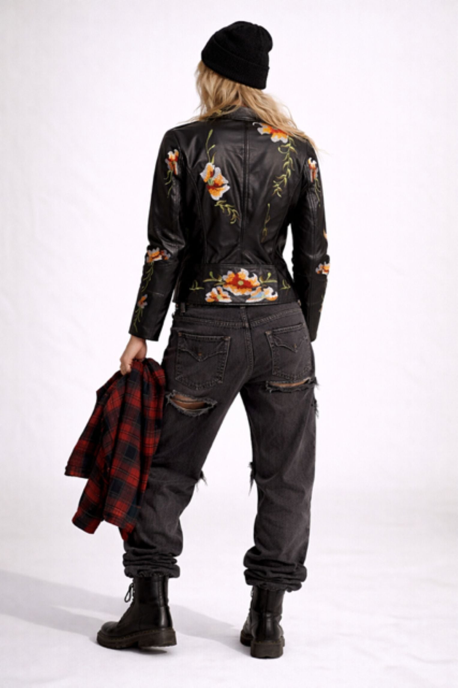 FLOWER WINE BLACK EMBROIDERED LEATHER JACKET - MINDFUL, STYLISH