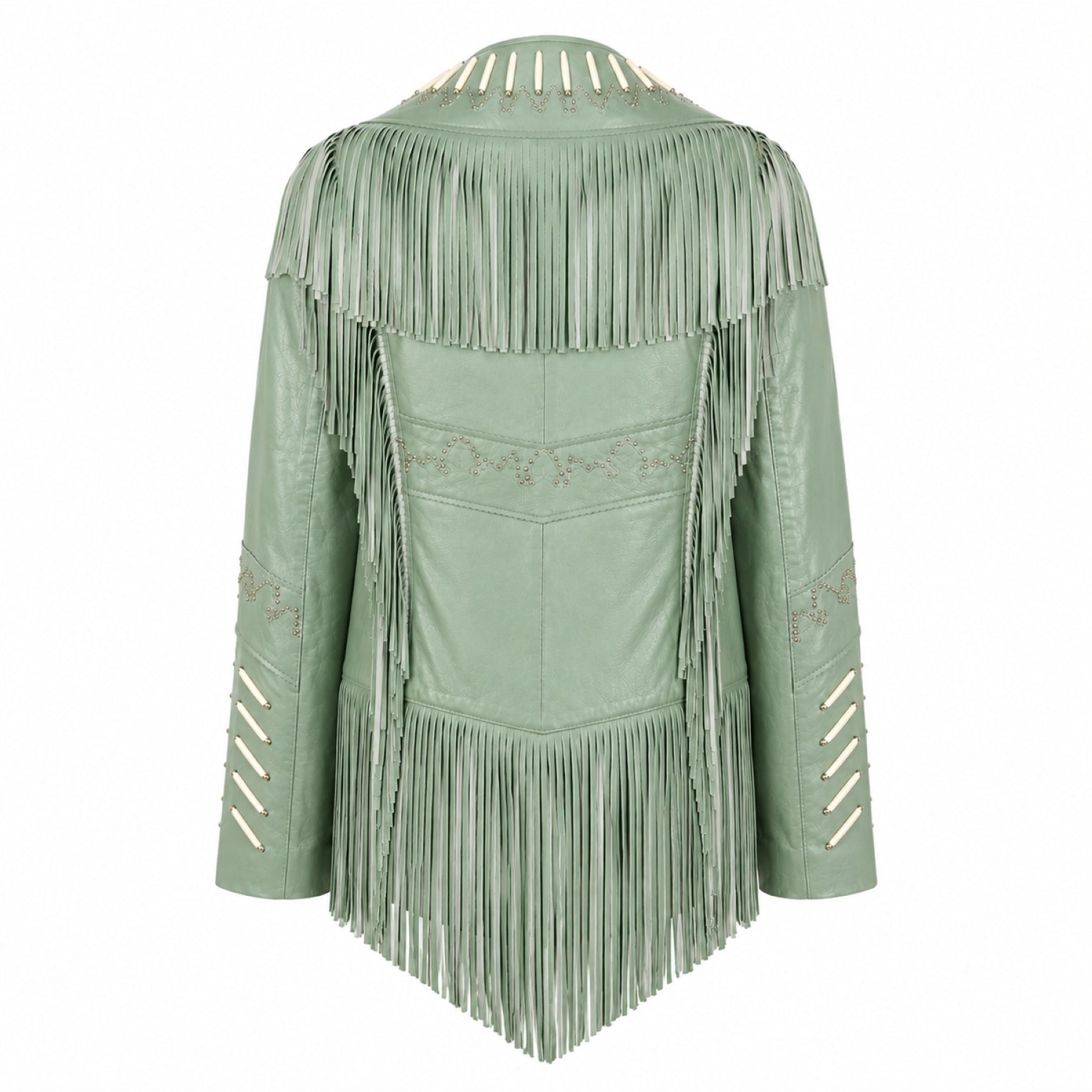 THE LEADER GREEN LEATHER JACKET WITH FRINGES AND BEADS