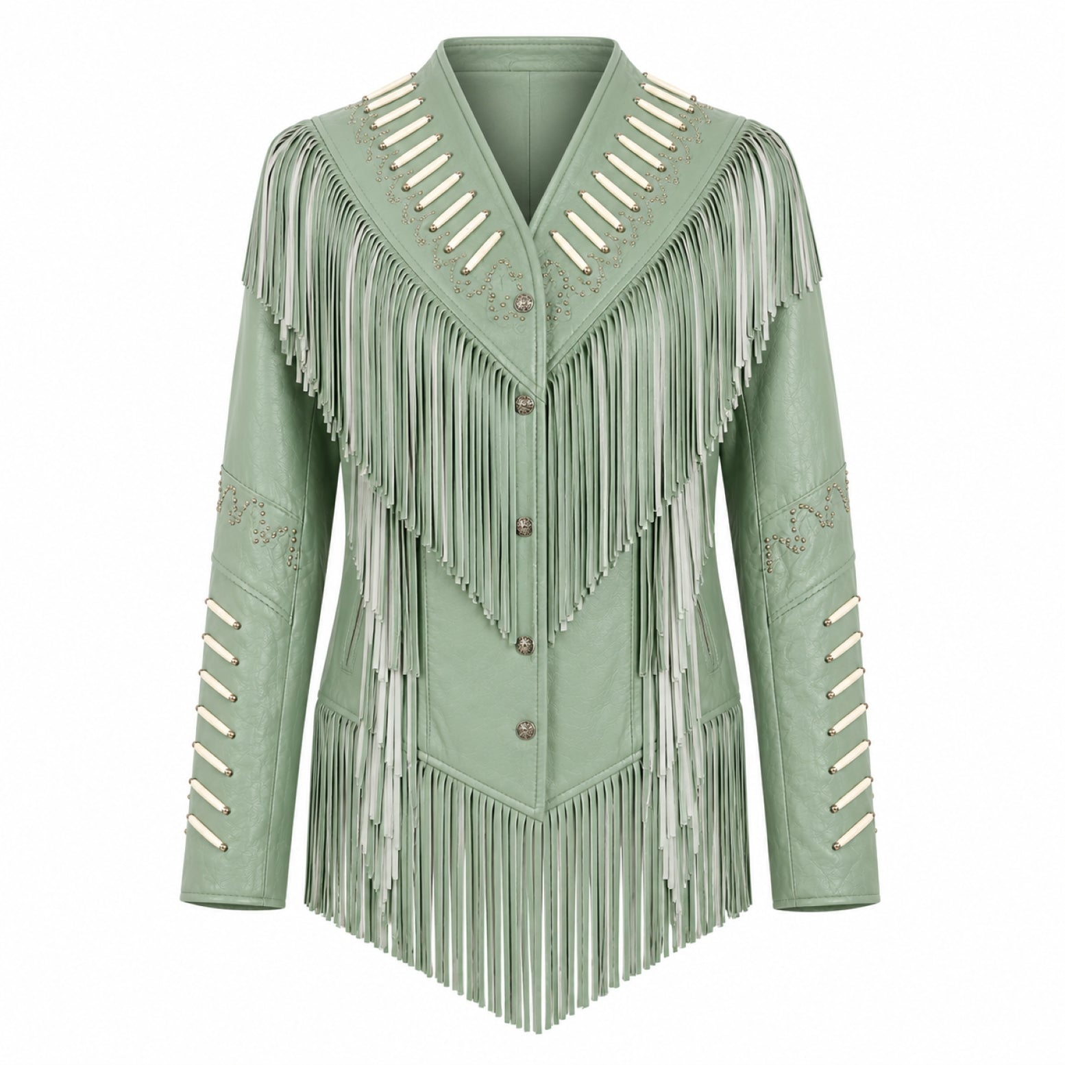 THE LEADER GREEN LEATHER JACKET WITH FRINGES AND BEADS