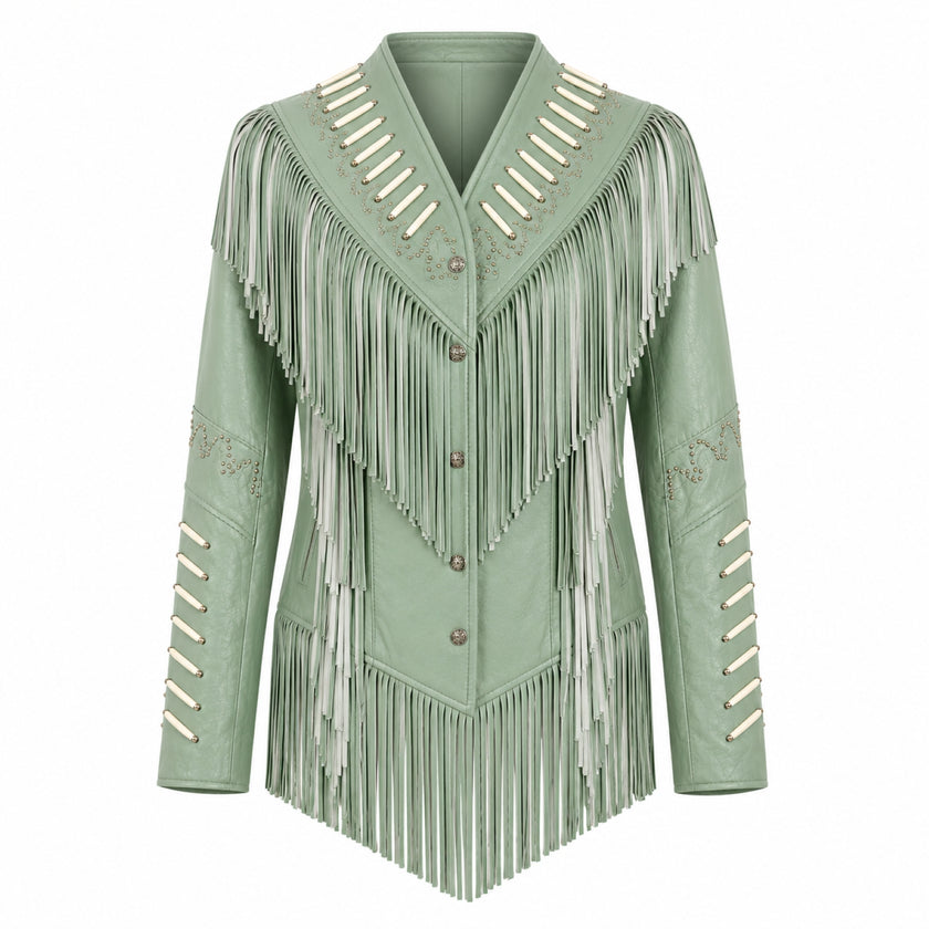 THE LEADER GREEN LEATHER JACKET WITH FRINGES AND BEADS