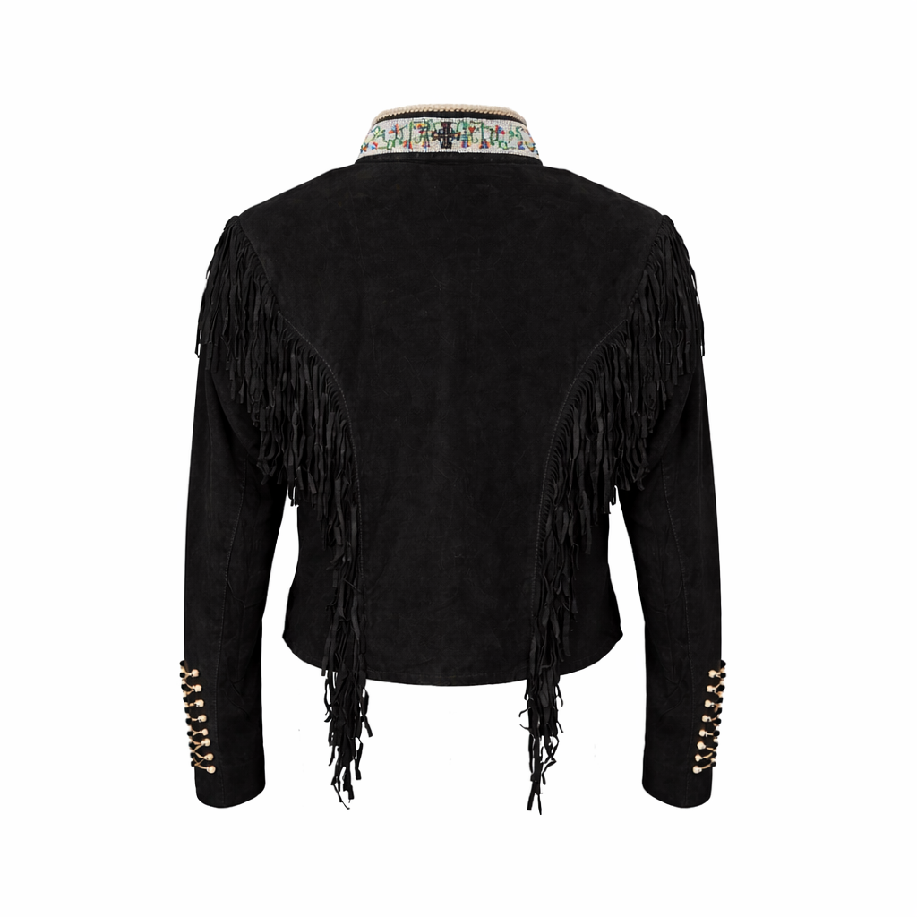 WARRIOR BLACK SUEDE JACKET WITH FRINGES AND BEATS