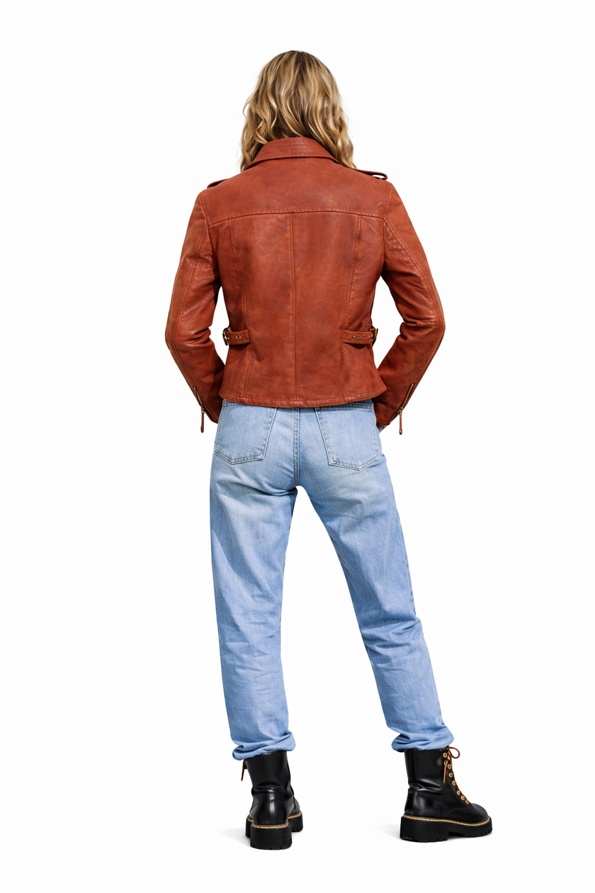 BRICK WOMEN STRIPED MOTTO LEATHER JACKET