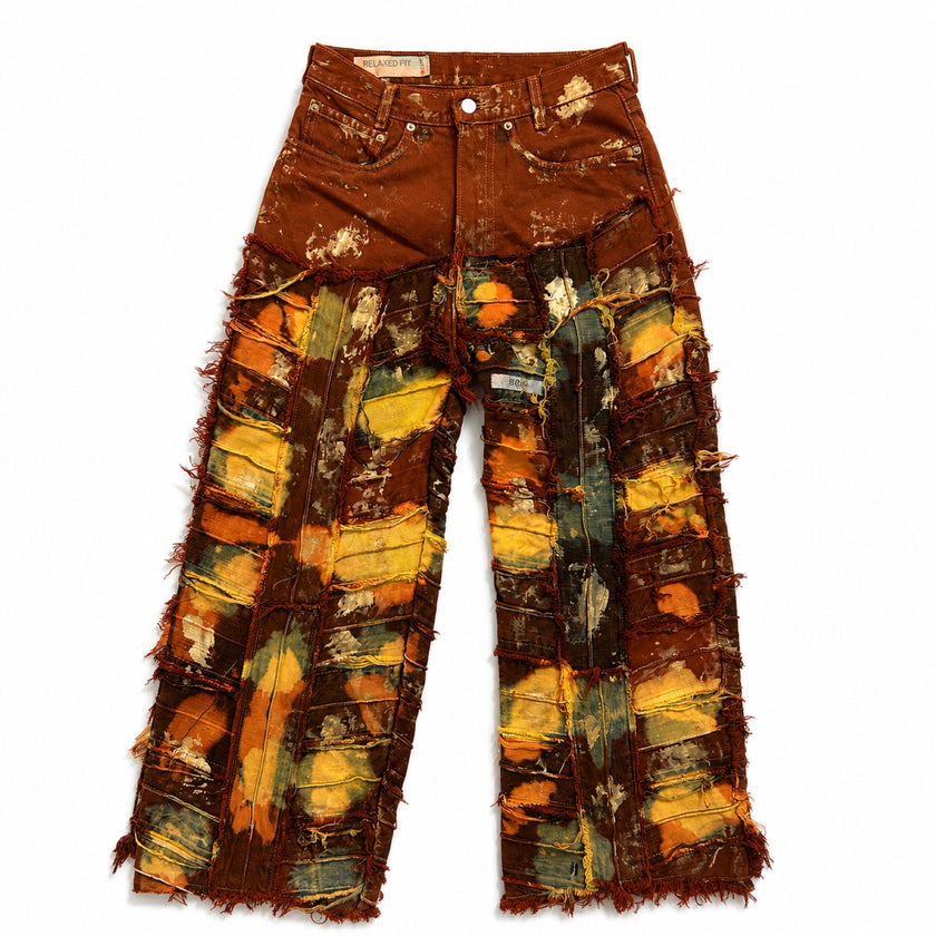 Wearable Ruins Red Gold Shredded Denim Wide Leg Pants B