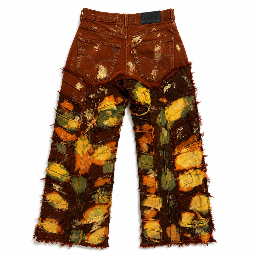 Wearable Ruins Red Gold Shredded Denim Wide Leg Pants B