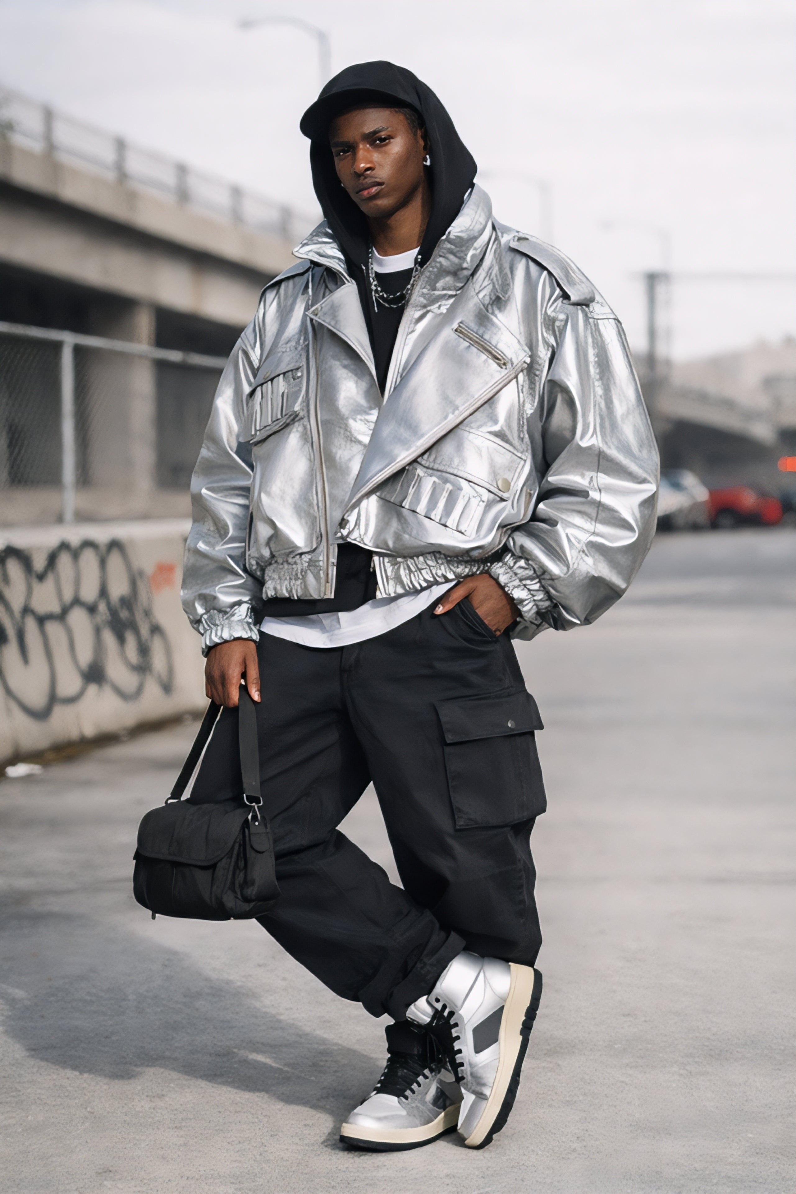SILVER GALAXY MEN OVERSIZED BOMBER LEATHER JACKET