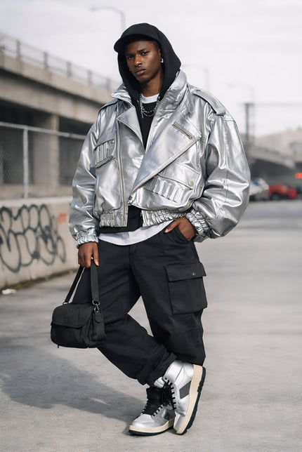 SILVER GALAXY MEN OVERSIZED BOMBER LEATHER JACKET