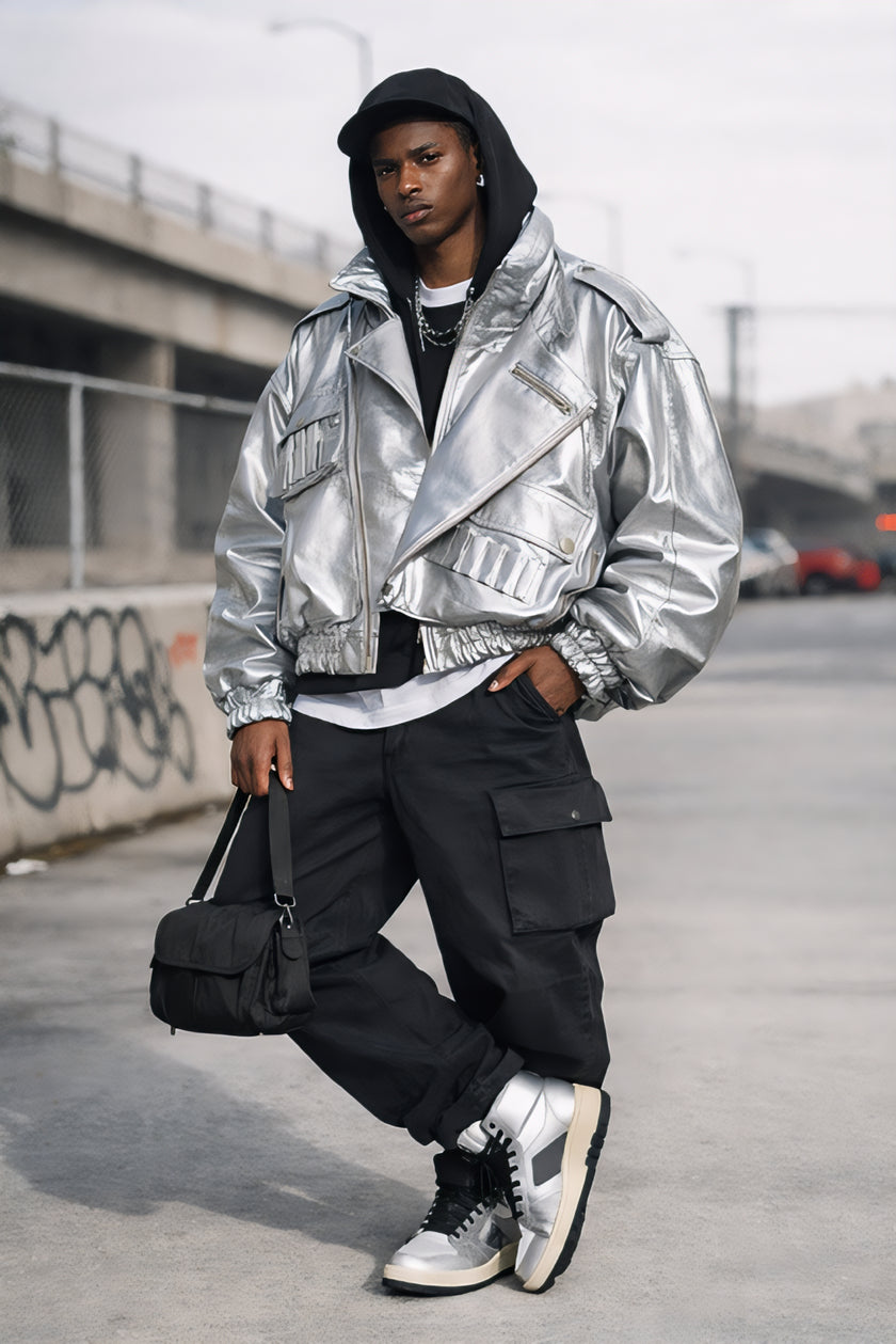 SILVER GALAXY MEN OVERSIZED BOMBER LEATHER JACKET