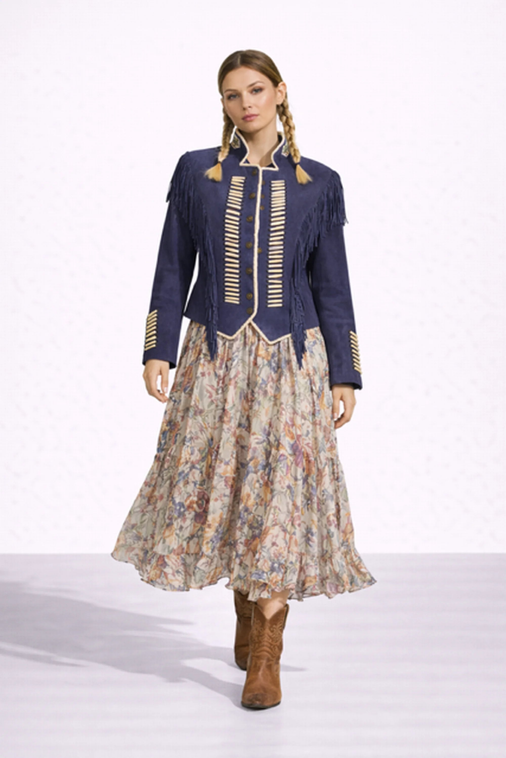WARRIOR BLUE SUEDE JACKET WITH FRINGES AND BEATS