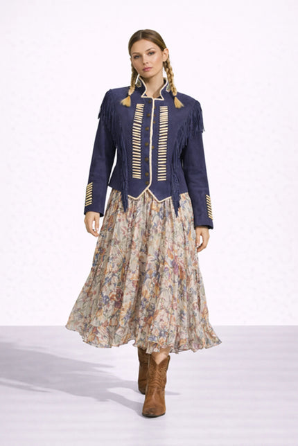 WARRIOR BLUE SUEDE JACKET WITH FRINGES AND BEATS