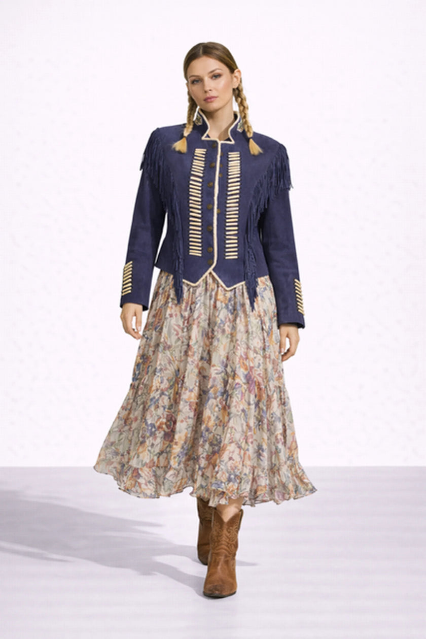 WARRIOR BLUE SUEDE JACKET WITH FRINGES AND BEATS