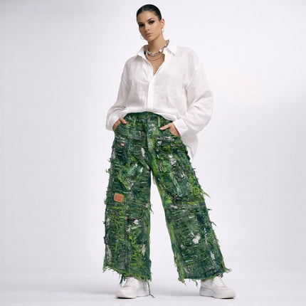 Wearable Ruins Green Wide Leg Denim Pants