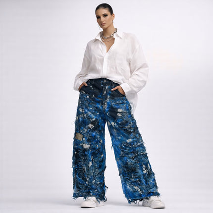 Wearable Ruins Blue Shredded Wide Leg Colored denim pants
