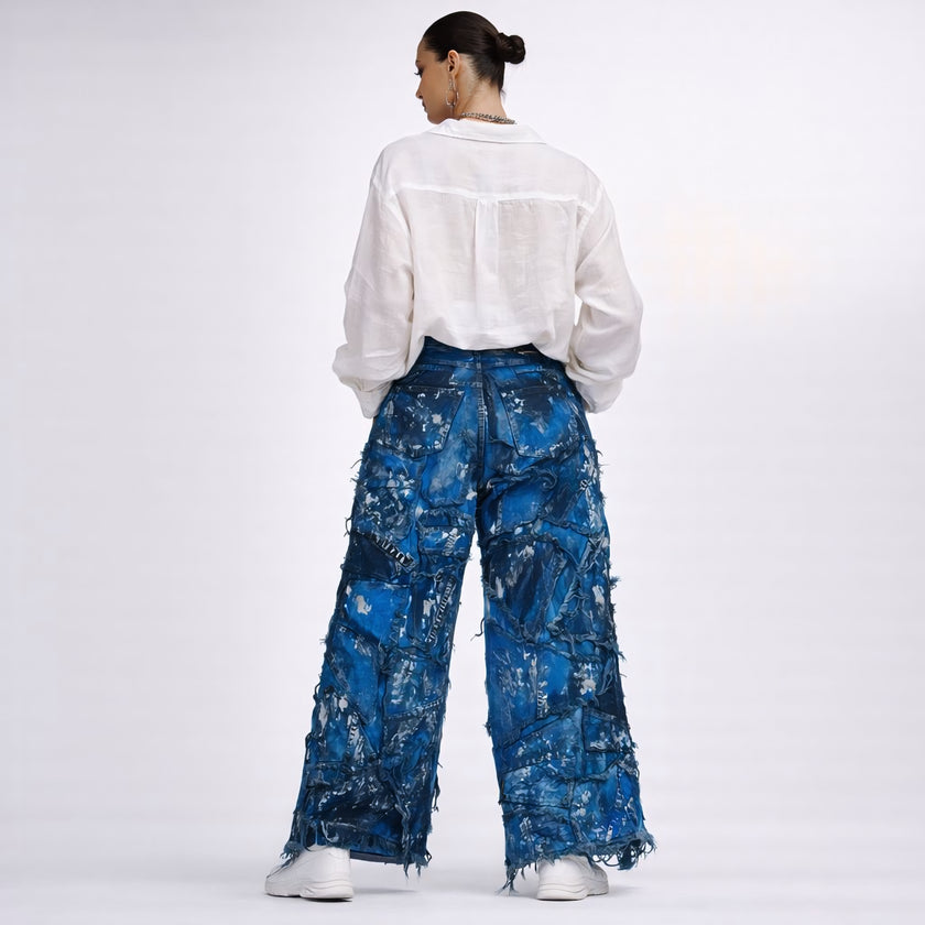 Wearable Ruins Blue Shredded Wide Leg Colored denim pants